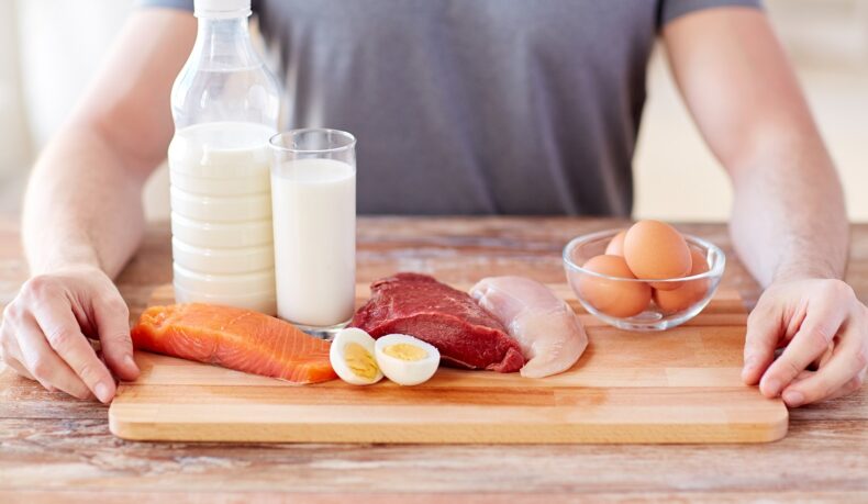 Platou cu carne, lapte, ouă, alimente bogate în proteine recomandate în sarcopenie