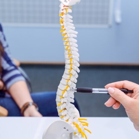 Pacientă și medic care arată către o machetă a coloanei vertebrale, sugestiv pentru osteoporoza la femei