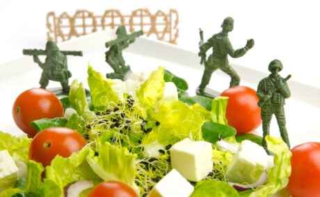 Salată verde, roșii și brânză cu figurine de soldați din plastic, sugestiv pentru dieta militară