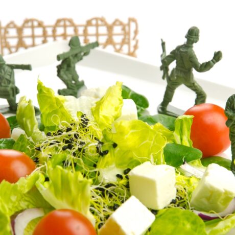 Salată verde, roșii și brânză cu figurine de soldați din plastic, sugestiv pentru dieta militară