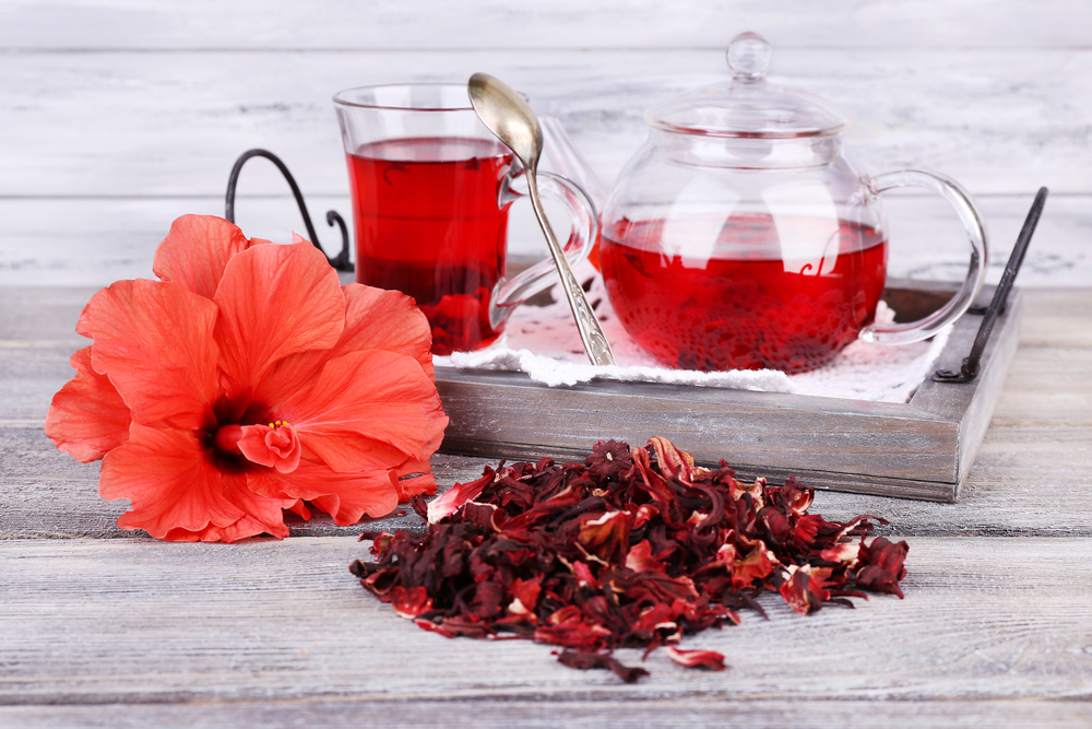 O cană și un ceainic cu ceai de hibiscus, lângă o floare de hibiscus și petale uscate