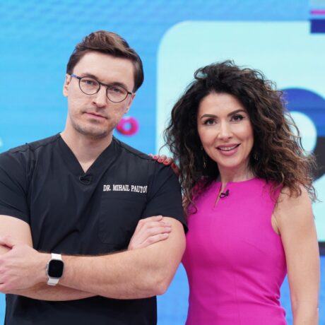Carmen Brumă, tehnician nutriționist și antrenor fitness, și Mihail Pautov, medic chirurg, în platoul emisiunii MediCOOL
