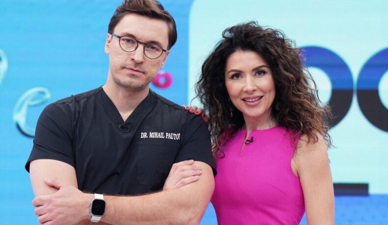 Carmen Brumă, tehnician nutriționist și antrenor fitness, și Mihail Pautov, medic chirurg, în platoul emisiunii MediCOOL