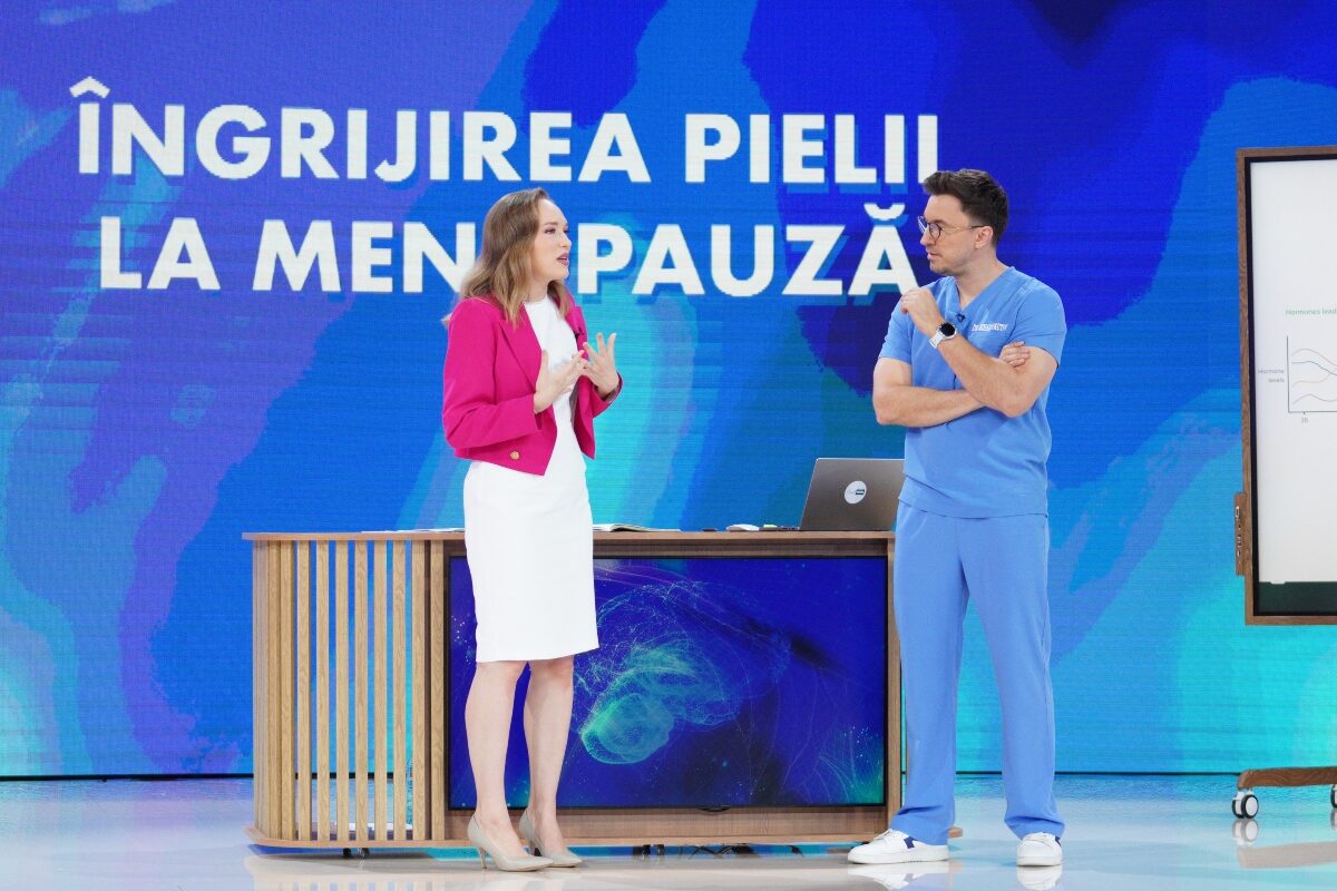 Georgiana Gheba, medic dermatolog, și Mihail Pautov, medic specialist, în platoul emisiunii MediCOOL