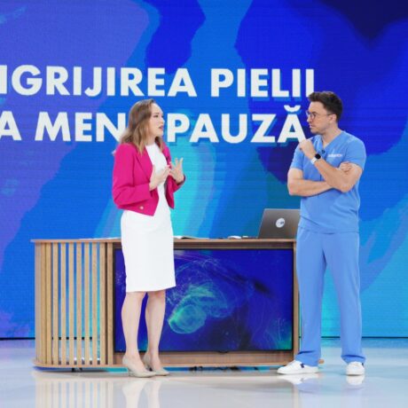 Georgiana Gheba, medic dermatolog, și Mihail Pautov, medic specialist, în platoul emisiunii MediCOOL