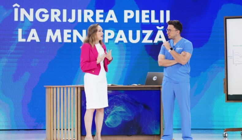 Georgiana Gheba, medic dermatolog, și Mihail Pautov, medic specialist, în platoul emisiunii MediCOOL